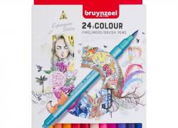 Двустранни флумастери, тънкописец и четка, комплект 24 цвята Bruynzeel