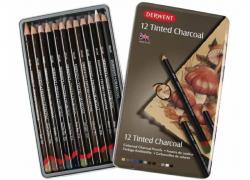 Комплект 12 цвята цветни, водоразтворими, въгленови моливи, Derwent Tinted Charcoal