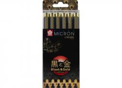 Комплект 6 Броя Черни Тънкописци, Черен Корпус със Златен Клипс Sakura Pigma Micron