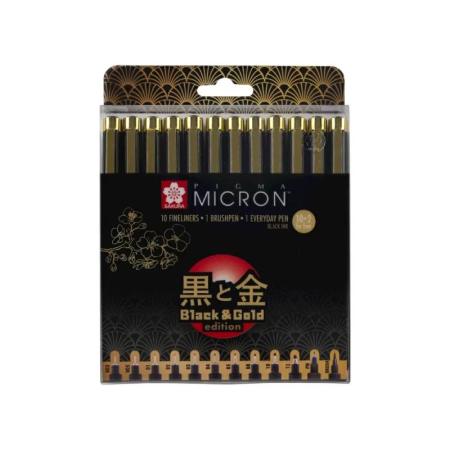 Изчерпани продукти  Комплект 12 Броя Черни Тънкописци, Черен Корпус със Златен Клипс Sakura Pigma Micron