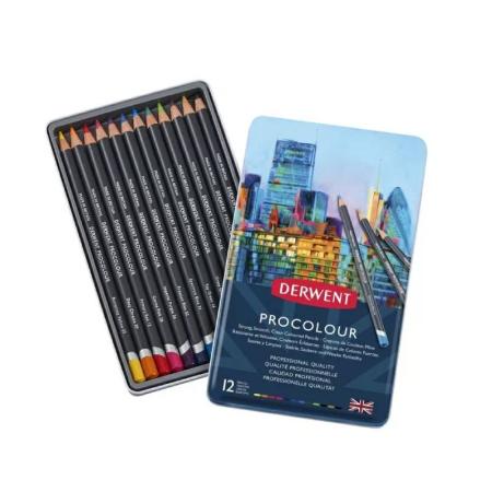 ЗА ХУДОЖНИКА  Комплект 12 цвята професионални цветни моливи в метална кутия Derwent Procolour