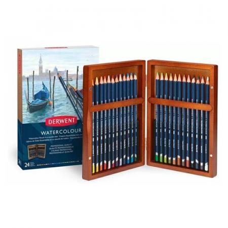 Изчерпани продукти  Комплект 24 цвята професионални акварелни моливи в дървена кутия Derwent Watercolour