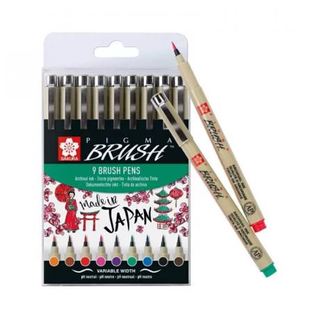 ЗА ХУДОЖНИКА  Комплект калъф с 9 цвята с маркери четка Sakura Pigma