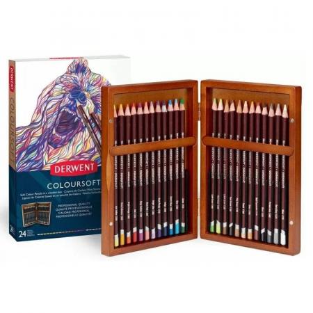 Изчерпани продукти  Професионални цветни меки моливи, 24 цвята в дървена кутия Derwent Coloursoft