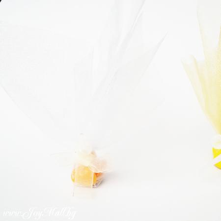 Изчерпани продукти  Сватбена кошничка/късметче в бяло с жълта панделка за хвърляне